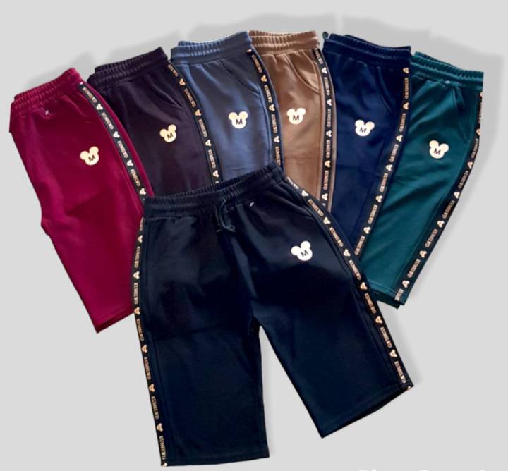 กางเกงสี่ส่วนผ้าเทพปักมิคกี้-กางเกงผ้าเด้ง-กางเกง4ส่วนสีดำลำลอง