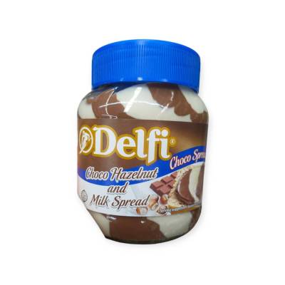 Delfi Choco Hazelnut And Milk Spread 350g.สำกรับทาขนมปังรสช็อคโกแลต ผสม เฮเซลนัทบดและนม 350กรัม