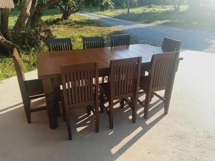 ชุดโต๊ะอาหาร8ที่นั่งสีโอ๊คทำจากไม้สักแท้-หน้าโต๊ะยาว200ซม-กว้าง90ซม-สูง80ซม-ส่งฟรียกเว้นภาคใต้