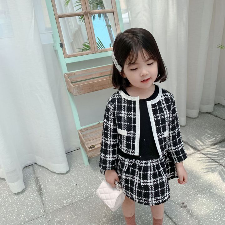 Online Celebrity Lady Girls' Baby Suit Autumn New Children's Chanel Coat  Casual Plaid Children Shirt Two-Piece Suit