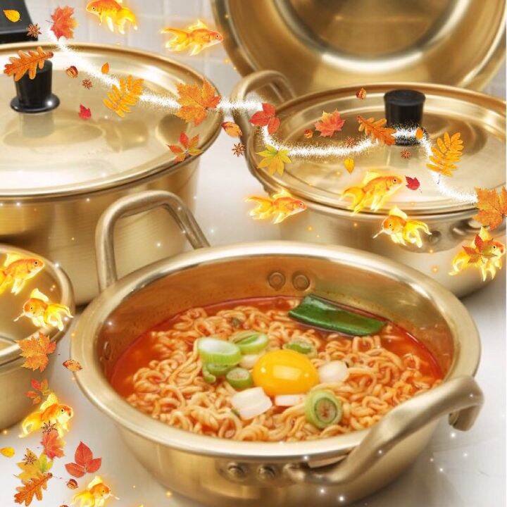 korea-hot-pot-หม้อเกาหลี-หม้อทองเหลือง-ขนาด-16-18-cm-หม้อ-มาม่าเกาหลี-พร้อมฝาครอบ-food-grade-ปลอดภัย