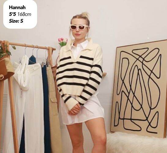 Cider Stripe Collar Knit Polo Top เสื้อโปโลแขนยาวผู้หญิงเสื้อไหมพรม