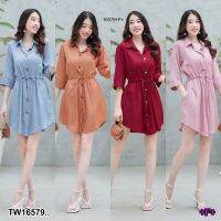 dress ปกเชิ้ตแขน 5 ส่วน โบว์ผูกเอว.. 16579