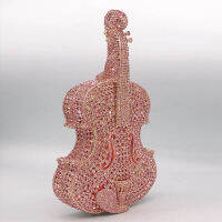 Pink Violin Shape Bag Crystal Purse Evening Clutches Dinner Party Handbags ไวโอลิน กระเป๋า ออกงาน คลัทช์