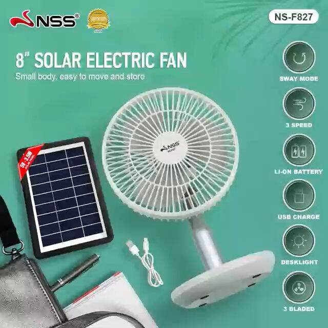 Nss solar electric fan 8 inch 3 speed stand fan adjustable rechargeable fan Energy saving