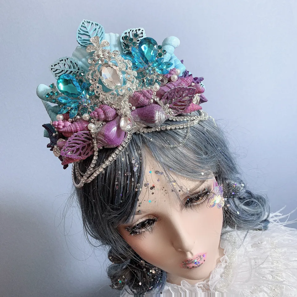 Shark Mermaid Crown Ice and Snow Crystal cos Hanfu Headdress Accessories  Handmade Lolita Marine Shell Style Fashion Novelty