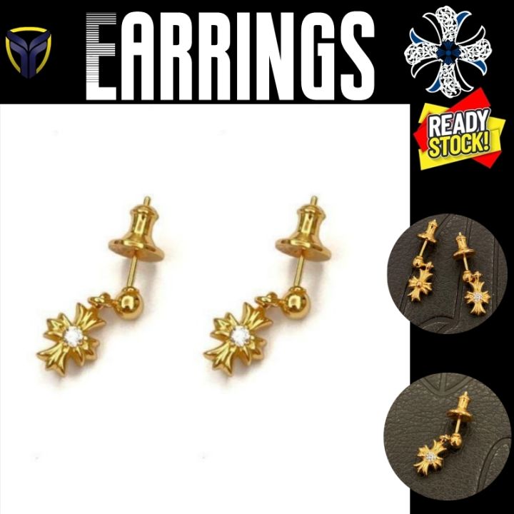 2024 Retro CH Gold-Plated Copper Zircon Iris Cross Drop Earrings