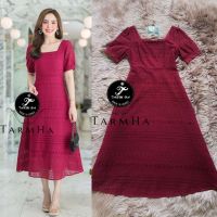 สีใหม่สวยขับผิว!!! S-4XL Dress เดรสสีแดงไวน์แขนพองผ้าฉลุลาย งานป้าย Tarm Ha