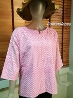 Cottonblouse E004 เสื้อผ้าฝ้ายพื้นเมืองพิมพ์ดอกไม้ ญ. คอวี แขนสี่ส่วน เบลาส์ใส่ทำงาน สไตล์ญี่ปุ่น