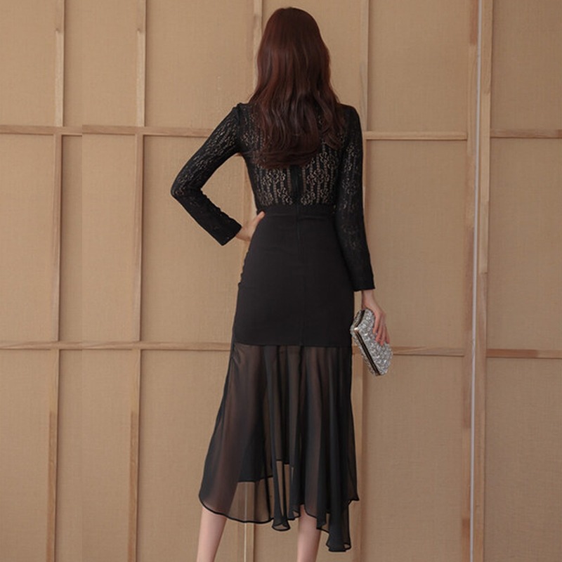 Fancy Feminine Dress Autumn and Winter 2023 New Elegant Lace Patchwork Long Sleeve Irregular Fishtail Skirt