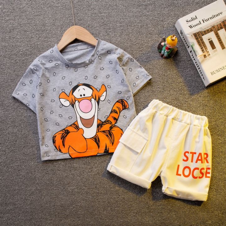 Cartoon Tiger in áo thun ngắn tay đặt+Quần short thoáng khí thoải mái 100%  cotton 