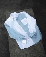 blue striped linen button-down collar long sleeve fun shirt เชิ้ตผ้าลินินริ้วสีฟ้าคอปกกระดุมแขนยาว