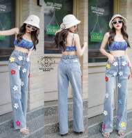 [BU6443] NEW JEANS FLOWERS กางเกงยีนส์ทรงกระบอกตรงเอวสูงยีนส์ฟอกอ่อนติดดอกไม้สีสดใส ไซล์ S-6XL