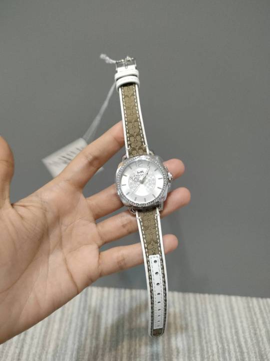 นาฬิกา-coach-ladies-boyfriend-signature-fabric-leather-watch-หน้าปัดสีเงิน-34-มม