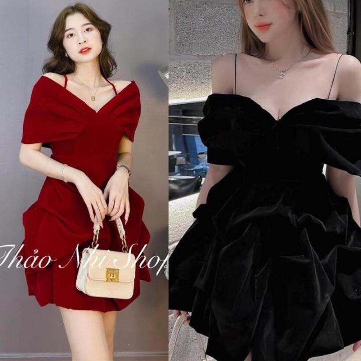 Đầm nhung trễ vai dài trên gối 2 dây 2 màu đen đỏ có mút | Lazada.vn