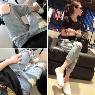 New trendy brand ripped jeans men's ins straight irregular wide-leg beggar  pants