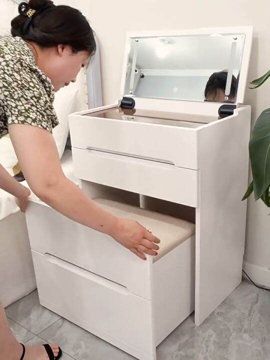 Vanity Table With LED Mirrors Dressing Table With Storage Stool Wooden