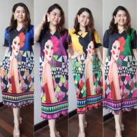 Fashion Pleat dress vp60 New Collection แฟชั่นอัดพลีท ชุดพลีทสาวอวบ เดรสลายกราฟฟิกลายสวย เดรสสาวอวบ เดรสยืดFreesize Oversize เดรสลายวินเทจ ชุดออกงาน