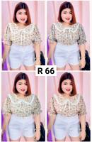 66.R เสื้อสาวอวบลายดอกปกบัว แขนตุ๊กตา