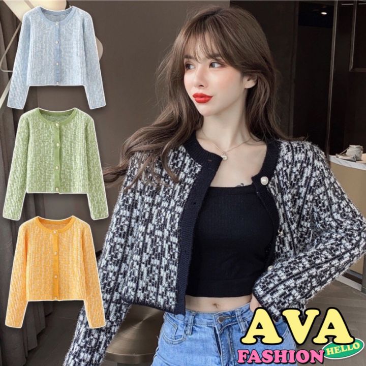 avafashion-เสื้อไหมพรมแขนยาวแต่งขอบ-คอกลมกระดุมหน้า-แบบใหม่-ลายชาเเนล