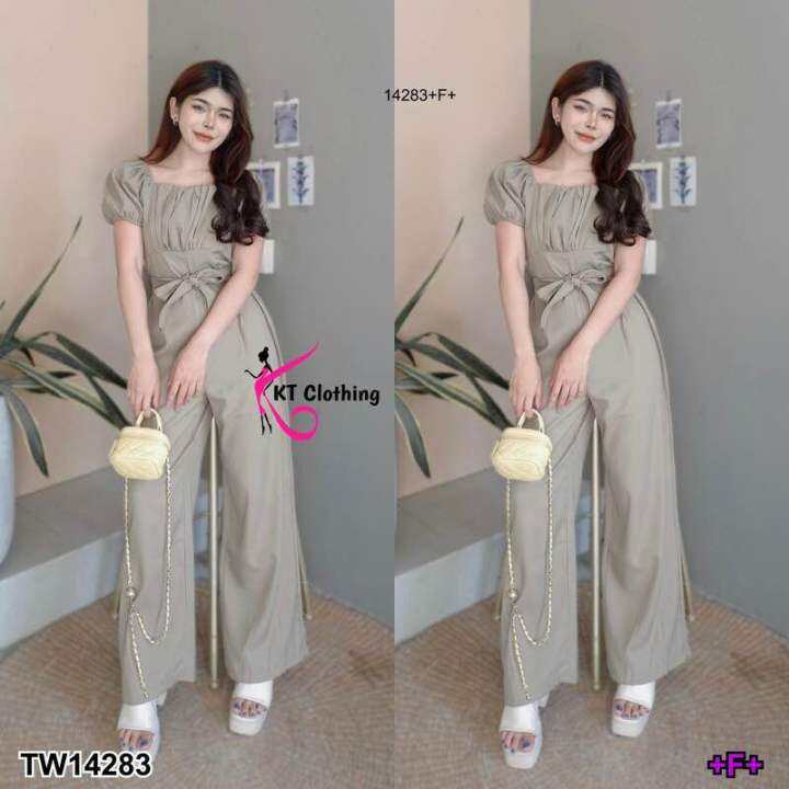 14283-jumpsuit-จั้มสูทขายาวผ้าซาร่า-งานแชนพองใส่ยกไหล่สวย-คอเหลี่ยมกว้างใส่แล้วดูออร่ามากค่ะ่วงอกจับจีบย่นน่ารัก