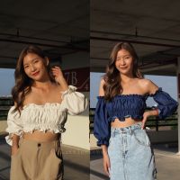 Littlenichashop - เสื้อปาดไหล่ผ้ายีนส์ - off shoulder - ปาดไหล่ยีนส์ เสื้อไปคาเฟ่ ชุดไปเที่ยว