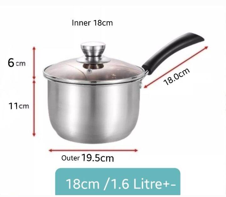 Saucepan Stainless Steel Thick Glass Lid Penutup Kaca 18cm Milk Soup ...