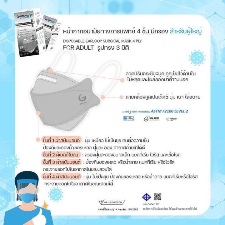 gamsai-kf-mask-หน้ากากอนามัยทางการแพทย์-4ชั้น-กล่อง-30ชิ้น-kf94-กันฝุ่น-pm2-5-ทรงเกาหลี-3d-level2