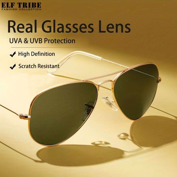 Elf Tribe Real Glass Lens Aviator Sunglasses For Men Metal Frame Retro Classic Military Pilot