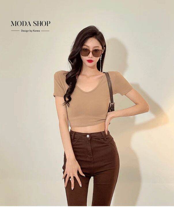 moda-shop-เสื้อยืดคอกลมทรงครอปแฟชั่นผู้หญิงตัวสั้นเสริมฟองน้ำที่บ่า