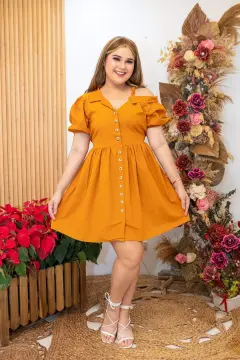 Plus Size Puff Sleeve Orange Dress