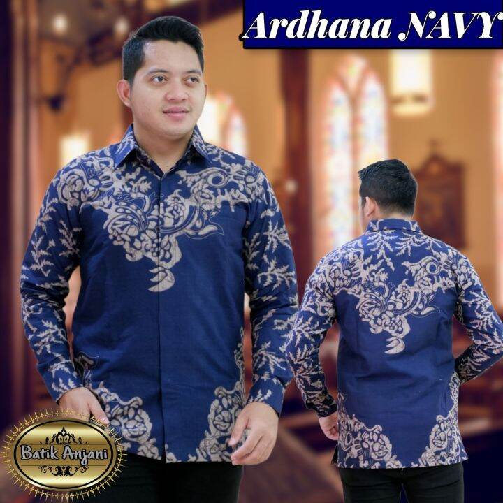 Kemeja batik pria warna navy / Baju batik lengan panjang warna biru