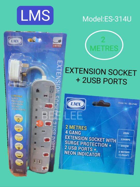 EXTENSION SOCKET + 2USB PORTS (2METRES) Lazada