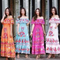 ?MaxiDress?แมกซี่เดรสตัวยาว เดรสยาว ชุดเดรสโบฮีเมี่ยน เดรสเปิดไหล่