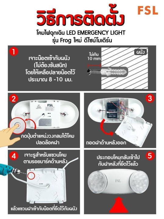 โคมไฟฉุกเฉิน-led-รุ่น-frog-ดีไซน์โมเดิร์น-ขนาด-2x2-5w-ยี่ห้อ-fsl-emergency-led-light