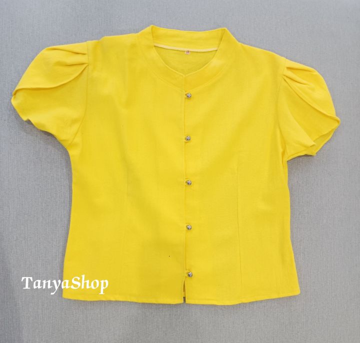 เสื้อสีเหลือง-เสื้อสีฟ้า-ผ้าไทยสีเหลือง-เสื้อผ้าฝ้ายคอจีน-คอตั้ง-แขนจีบพอง-เสื้อผ้าฝ้ายชินมัย-ชุดผ้าไทย-เสื้อผ้าฝ้าย