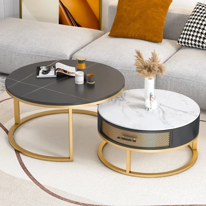 French Style Light Luxury Bright Rock Slab Coffee Table Small Apartment Round Small Size Stone Slab Simple Modern Household Living Room European Style Lazada