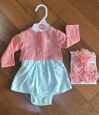 Clothing99 Preemie’s cute and breathable newborn combo set of peacy pink jacket with cute dress romper set for girls paired with pink flower headband and socks