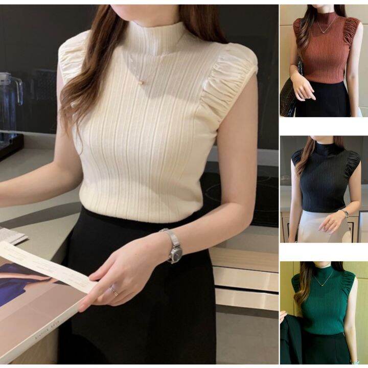 Women’s Close Neck Knitted Blouse Sleeveless Knitted Top TurtleNeck Top