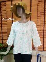 Cottonblouse D032 เสื้อผ้าฝ้ายพื้นเมืองพิมพ์ลายญ. คอกลม แขนสี่ส่วน เบลาส์สไตส์วินเทจ เป็นแฟชั่นผ้าไทยสไตล์ญี่ปุ่น