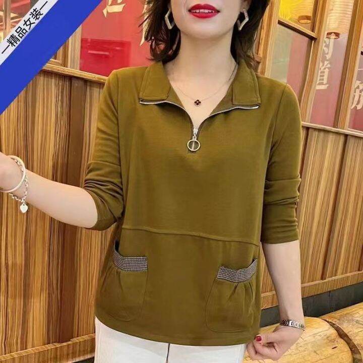 100Kg Fat Girl Can Wear Long Sleeve Women Zipper Lapel T-Shirt Spring And  Autumn Plus Size Internet Celebrity Lady Blouse Loose Polo Shirt With  Pocket | Lazada Ph