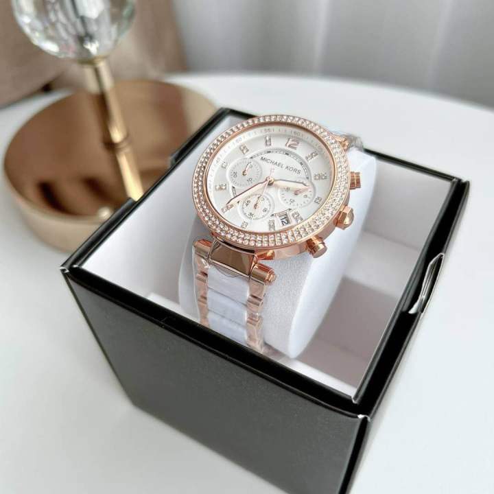 ของแท้100-นาฬิกาข้อมือ-mkแท้-สีโรส-คาดขาว-พร้อมส่ง-parker-chronograph-white-dial-ladies-watch-mk5774