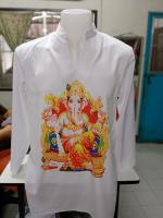 เสื้อแขกสีขาว ช/ญ ทรงตรง สกรีนลายพระพิฆเนศ(C210) ผ้าไหมอิตาลี ใส่สบาย