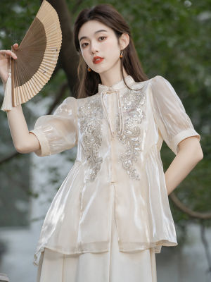 ชุดฤดูร้อนวินเทจสไตล์จีนแบบใหม่ชุดใส่คู่กับทั้งชุดเสื้อสุดชิคดูแพงหรูหราเบาๆชุดกระโปรงสองชิ้น