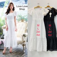 เดรสขาวงานบุญ ชุดไปวัด!!! M-4XL Maxi Dress เดรสสีขาวผ้าฉลุลายแขนปีกค้างคาว งานป้าย Love love