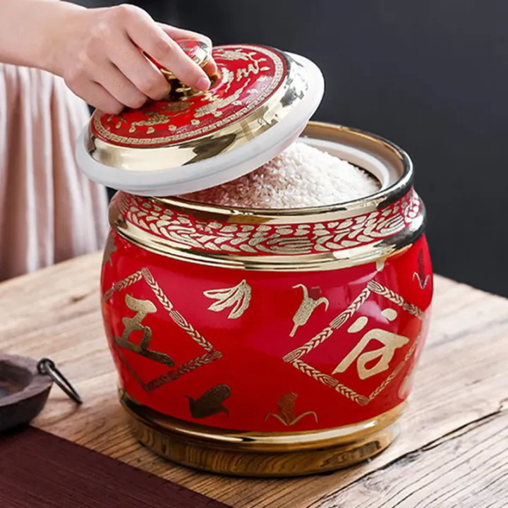 Ceramic Rice Pot with Lid Household Small Storage Rice Bucket Flour 5