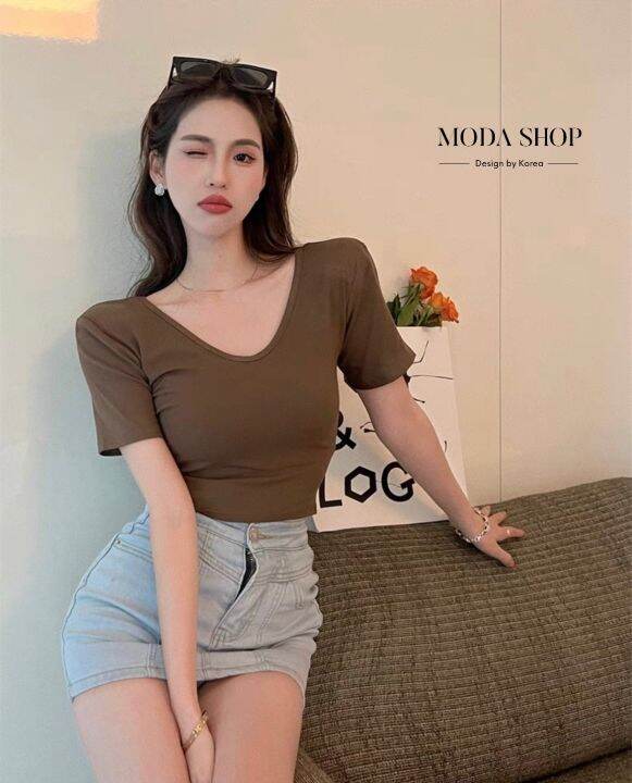 moda-shop-เสื้อยืดคอกลมทรงครอปแฟชั่นผู้หญิงตัวสั้นเสริมฟองน้ำที่บ่า