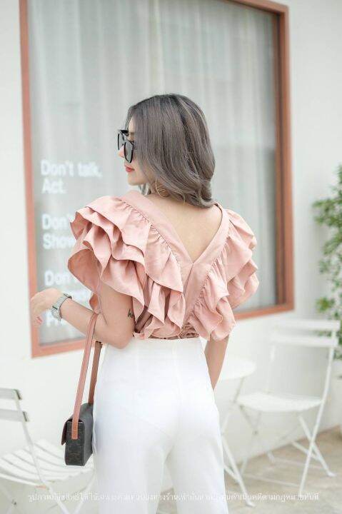 เสื้อคอวีหน้า-วีหลัง-ระบายแขน-3ชั้น-ขนาดฟรีไซร้