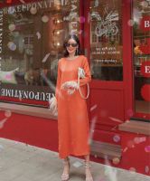 newlooksbkk 1400 Feather cuffs maxi dress เดรสคอกลมแขนยาว ปลายแขนใส่ขนนก