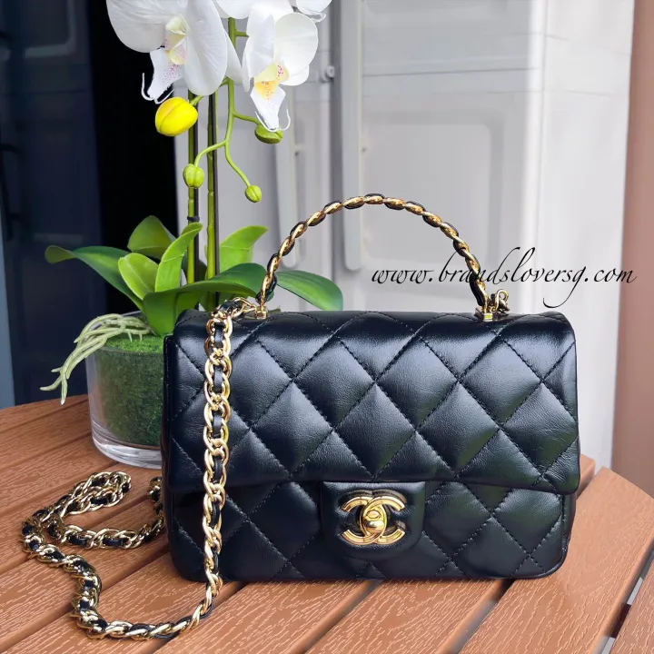 (Used once) Chanel 23S Top Handle Small / Mini 21cm Flap in Black Lambskin  and Shiny GHW